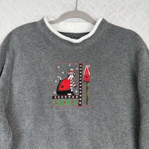 Vtg Christmas Cat Pullover Fleece Womens 1X Gray Mock Neck Holiday Kitty Grandma